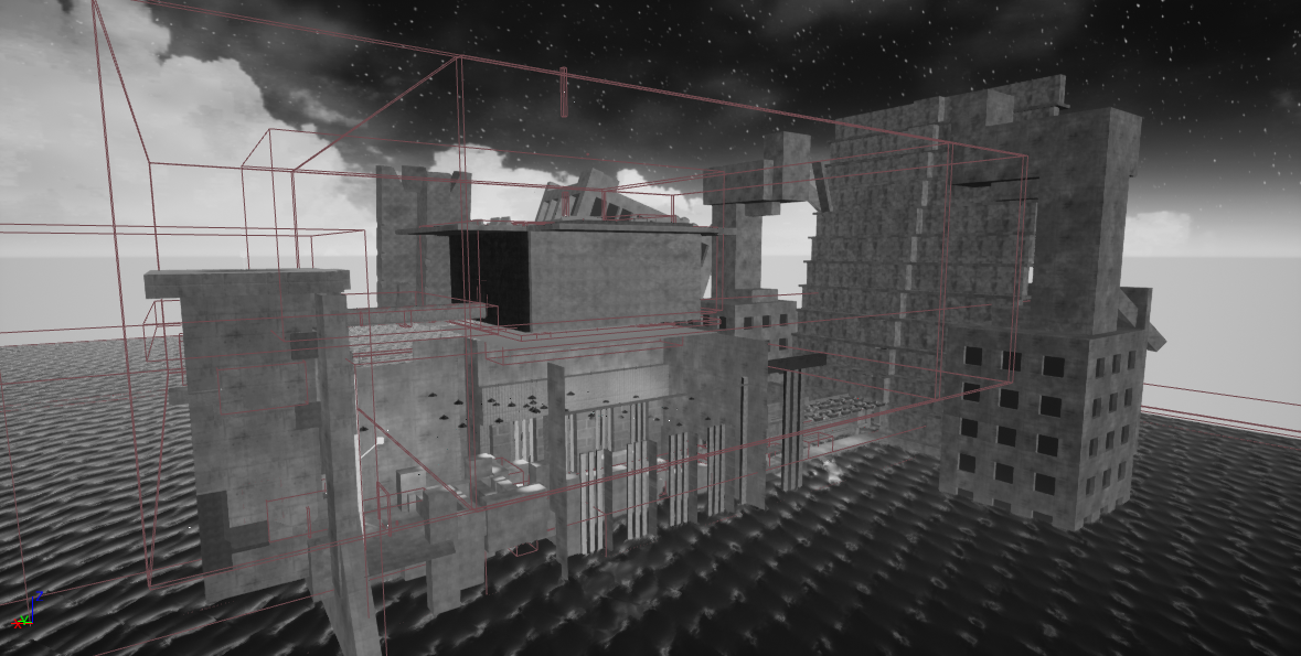 Capture d'écran d'une vue de travail du premier niveau du jeu 
                Waves of Sorrow. On voit un batiment en noir et blanc ainsi
                qu'une étendue d'eau et des boundings boxs